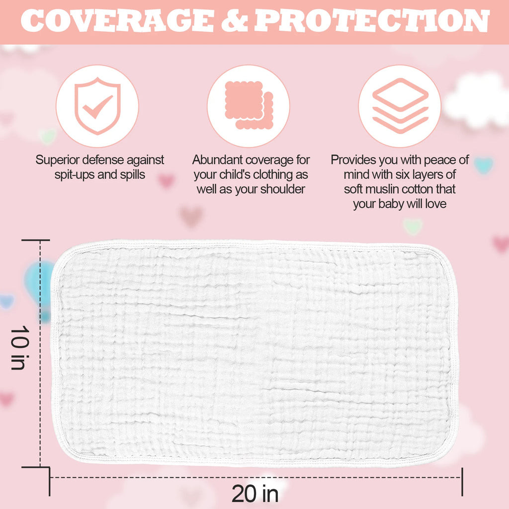 Muslin Baby Burp Cloth 6 Pack Large 20" X 10" (White)