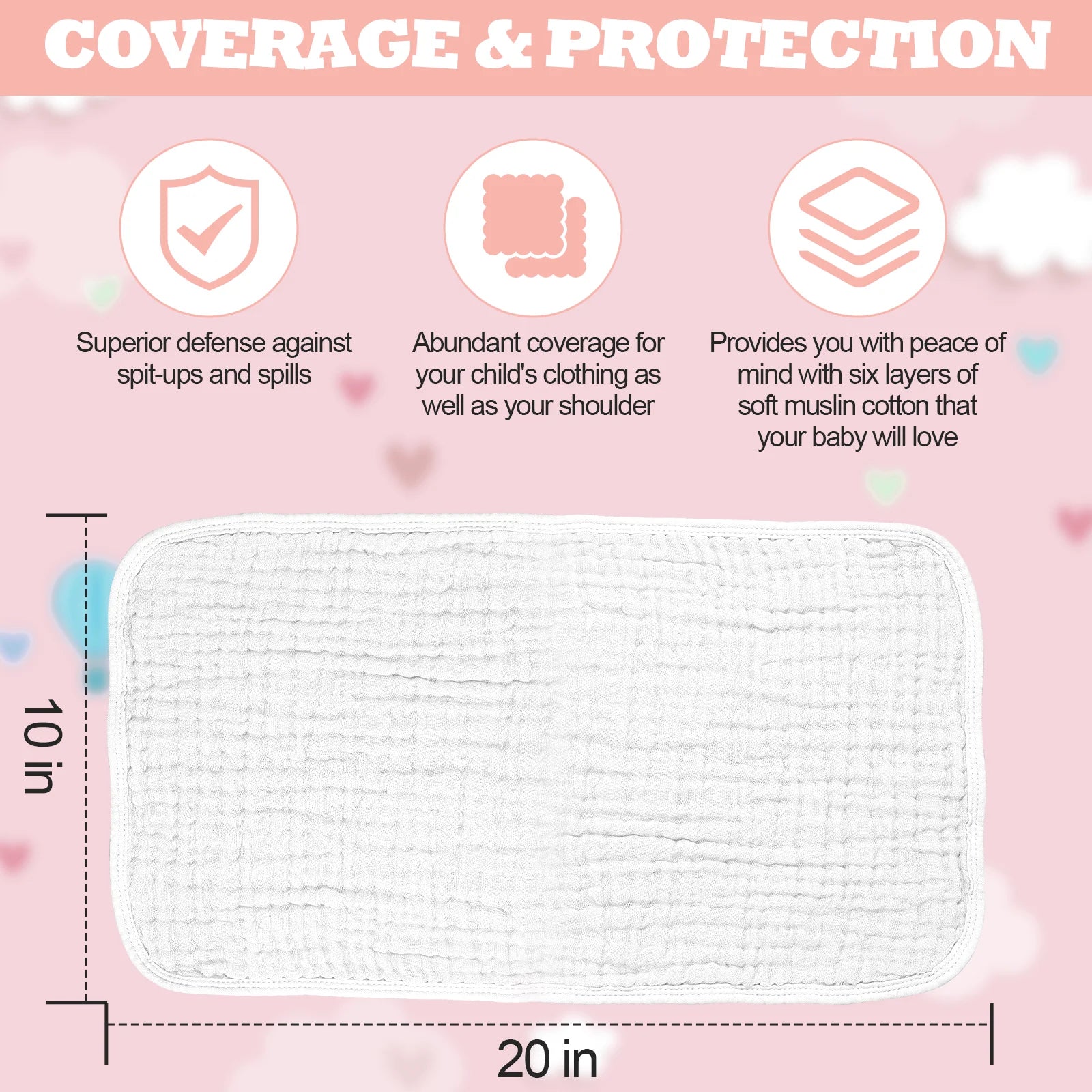 Muslin Baby Burp Cloth 6 Pack Large 20" X 10" (White)